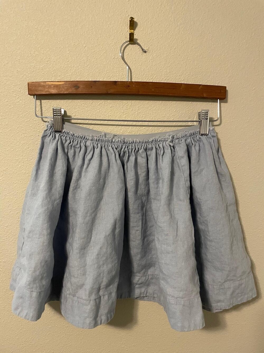 Reformation Mini Skirt Womens 8 Blue Linen Short Skater Elastic Waist Raw Hem